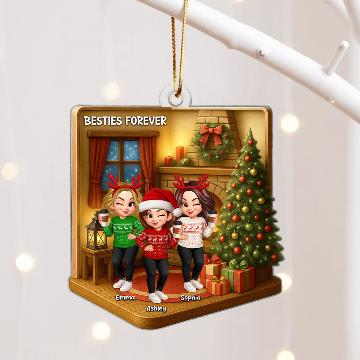 Christmas Besties Sisters In House 3D Effect Personalized Acrylic Ornament