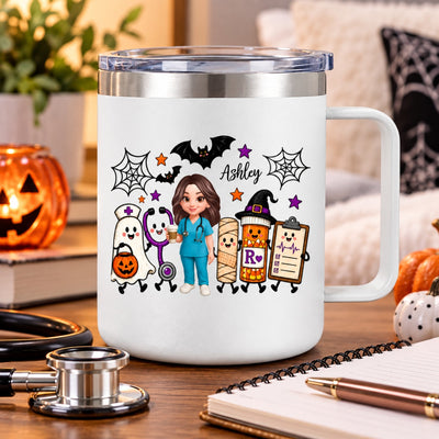 Halloween Cute Nurse Things - Personalized Stainless Steel Tumbler With Handle - Halloween Tumbler For Nurse