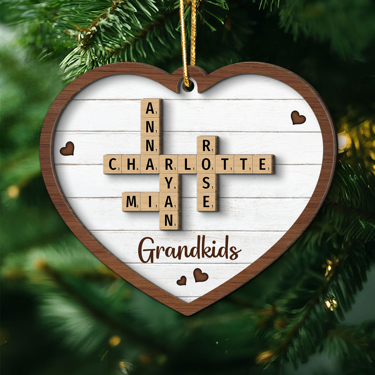 Grandkids Crossword Puzzle Art - Personalized 2-Layered Wooden Ornament - Christmas Gift For Mom, Gift For Grandma
