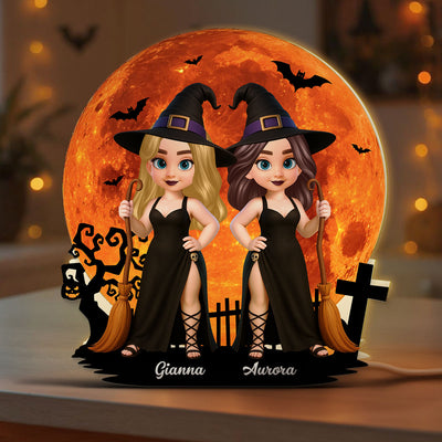 Cartoon Pretty Witch Under Halloween Moon Wicca Pagan Decor Personalized Light Box, Gift For Her
