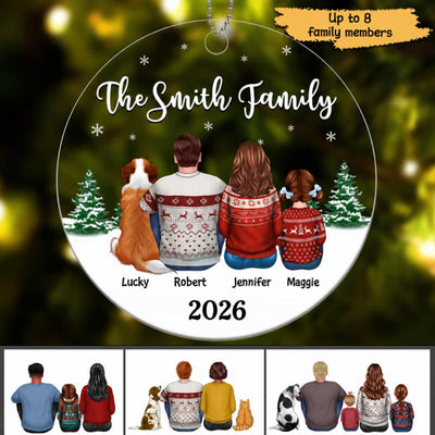 Christmas Family Dad Mom Kids Dogs Cats Circle Shape Personalized Acrylic Ornament