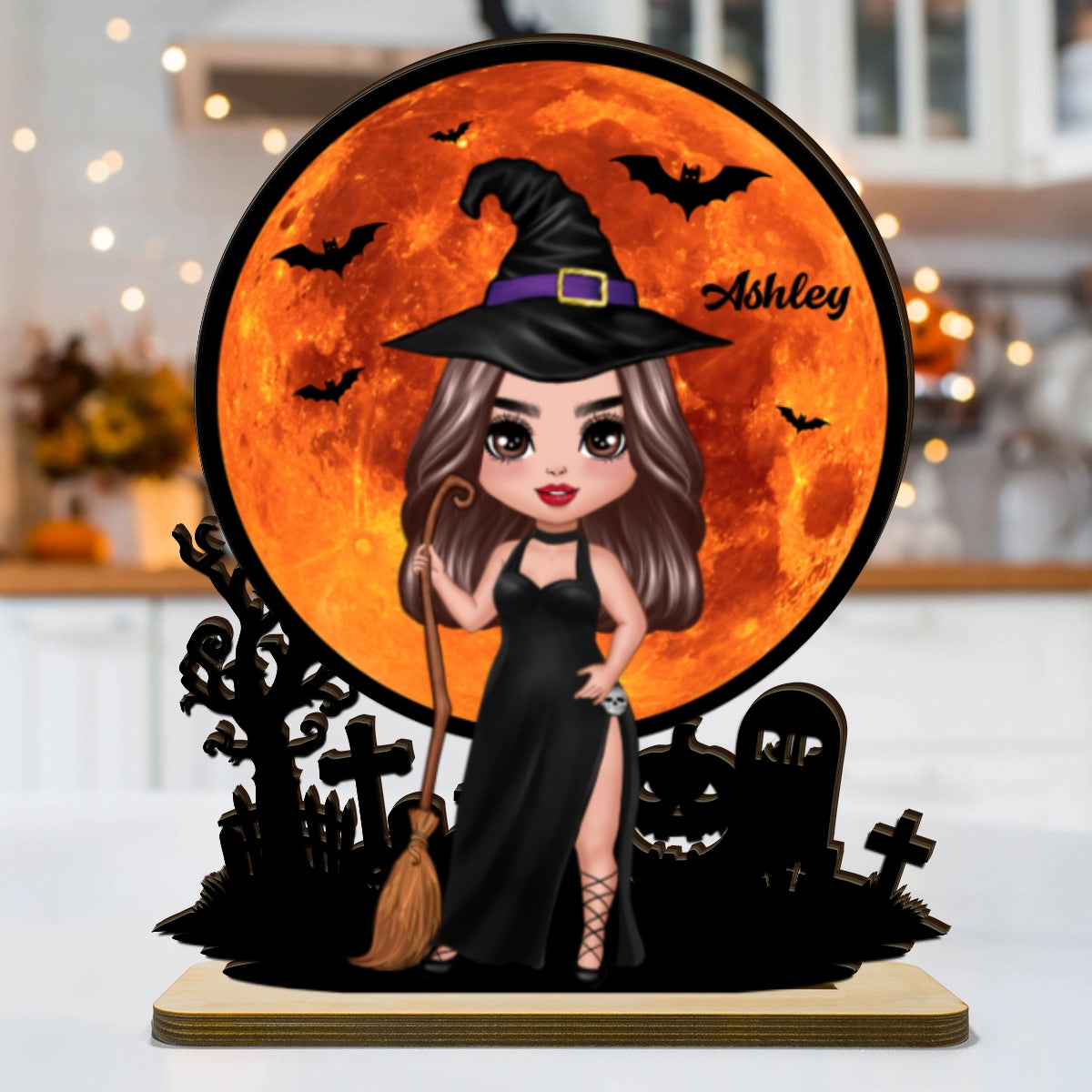 Witch Under Halloween Moon Tabletop Tier Tray Wicca Pagan Decor Personalized 2-Layer Standing Wooden Plaque