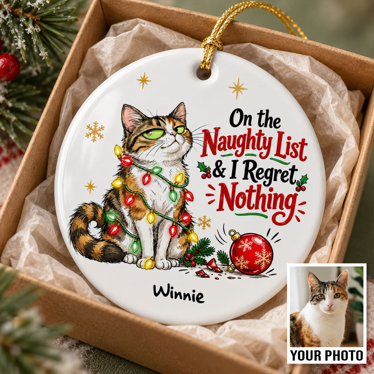 Naughty Nice I Do What I Want Bossy Cat Portrait From Your Photo - Personalized Ceramic Ornament - Funny Christmas Tree Decor For Cat Lovers