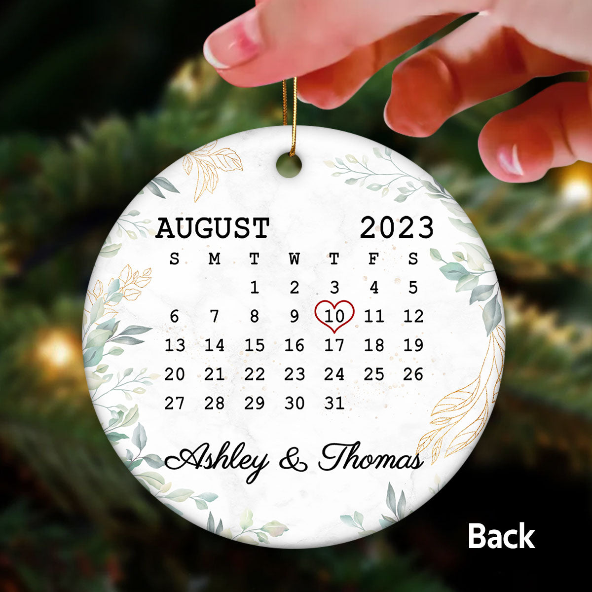 First Christmas Couple Green Leaves Wedding Engaged Anniversary Date Calendar Personalized Double Sided Circle Ornament