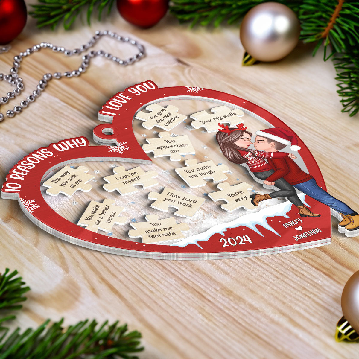 Reasons Why I Love You Christmas Couple Hugging Kissing Personalized Shaker Ornament, Christmas Gift For Her, For Him