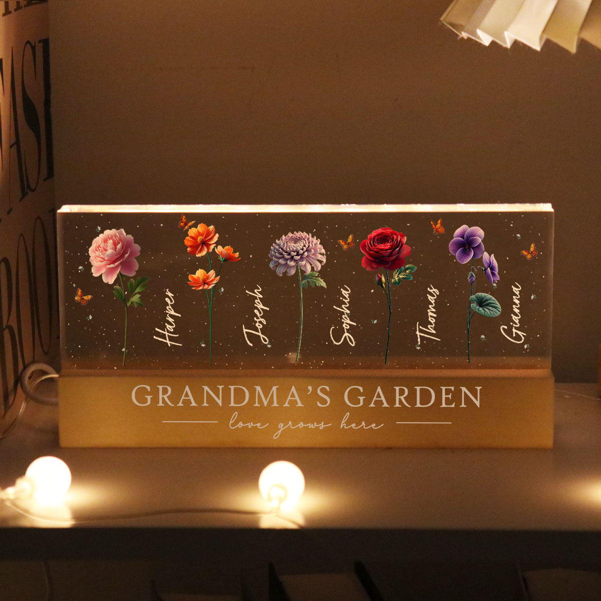 Grandma's Garden 3D Effect Birth Month Flowers Personalized Acrylic Block LED Night Light, Gift For Grandma, Mom