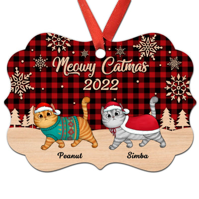 Red Checkered Walking Fluffy Cat Personalized Christmas Ornament
