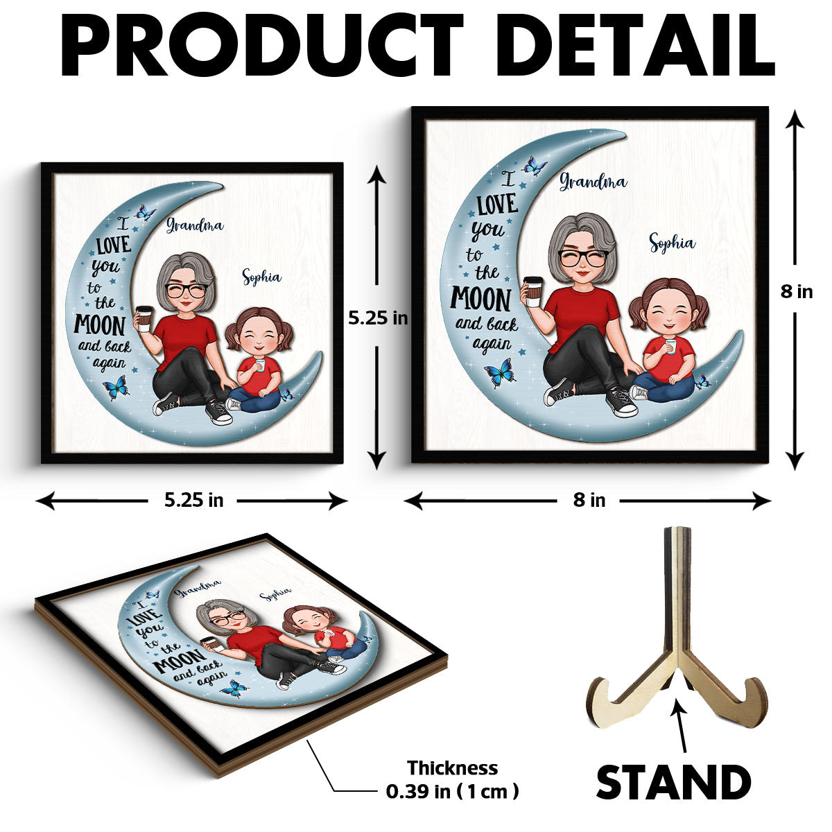 Cute Grandma & Grandkid On Moon Gift For Granddaughter Grandson Grandma Personalized 2-Layer Wooden Plaque