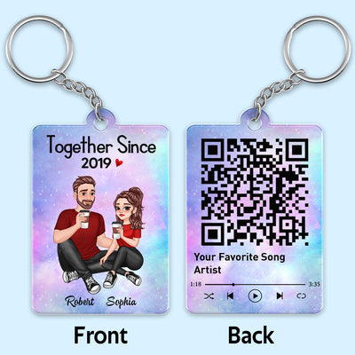 Cartoon Couple Sitting Together Since Favorite Song Scannable QR Code Personalized Acrylic Keychain