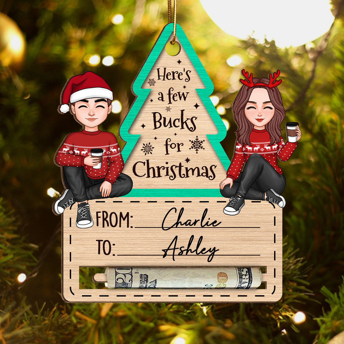 Happy Couple Sitting Christmas Money Holder Personalized Wooden Ornament