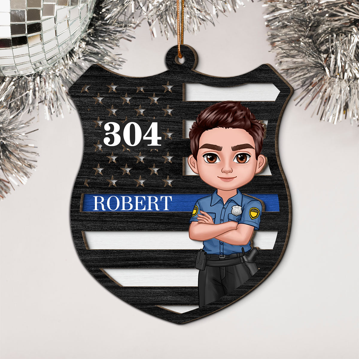 Police Thin Blue Line Badge Christmas Personalized 2-Layer Wooden Ornament, Office Decor, Appreciation Gift, Christmas Gift For Law Enforcement