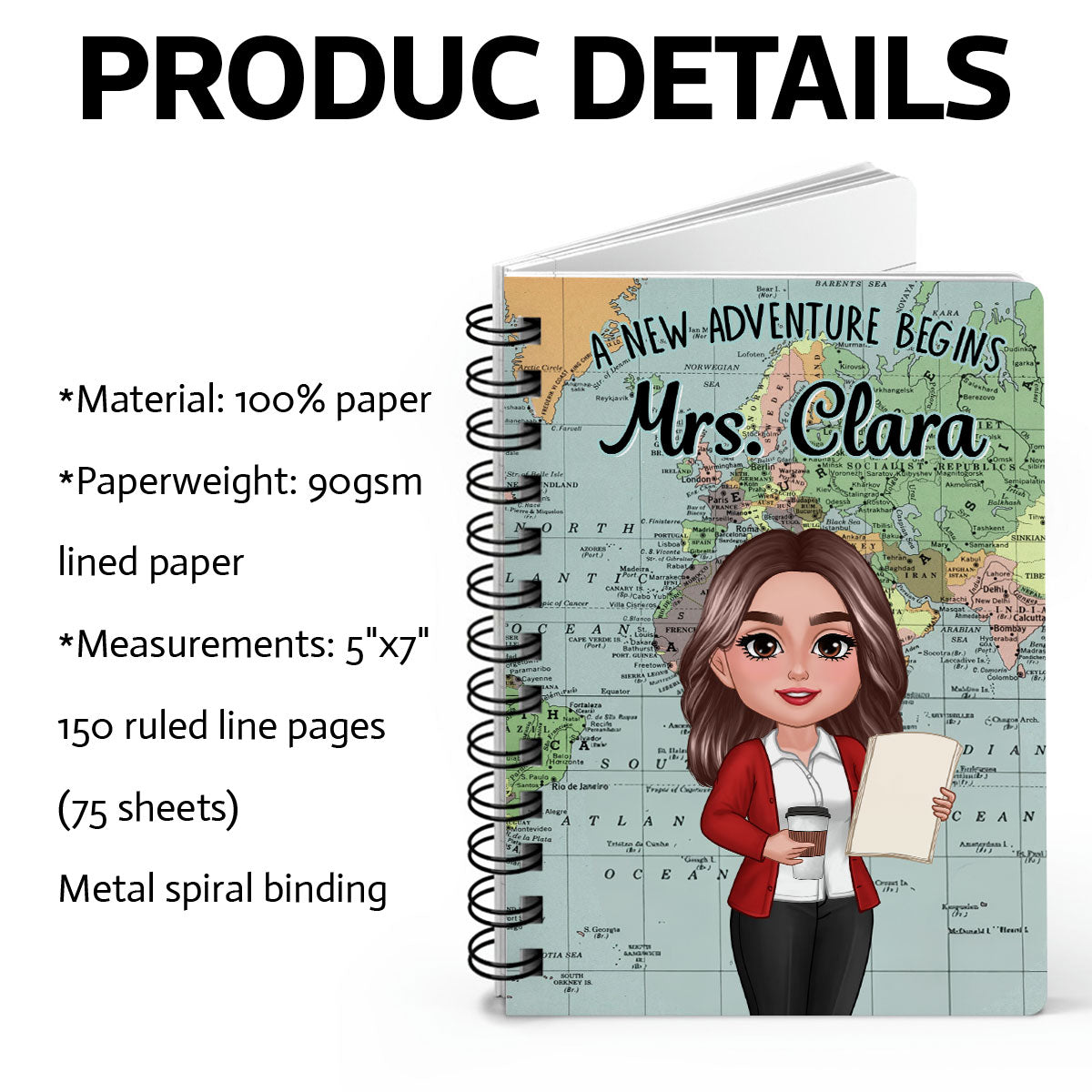 World Map Adventure Themed Teacher Book Of Notes Personalized Spiral Notebook Journal, Back To School Stationery
