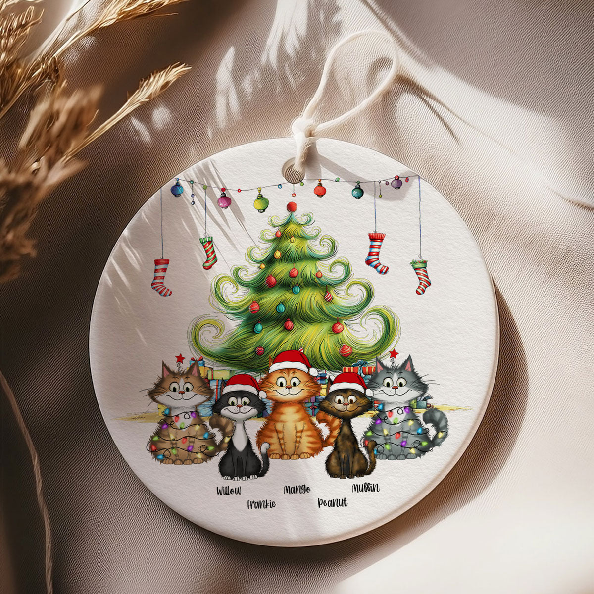 Quirky Christmas Tree Cats Whimsical Personalized Circle Ceramic Ornament