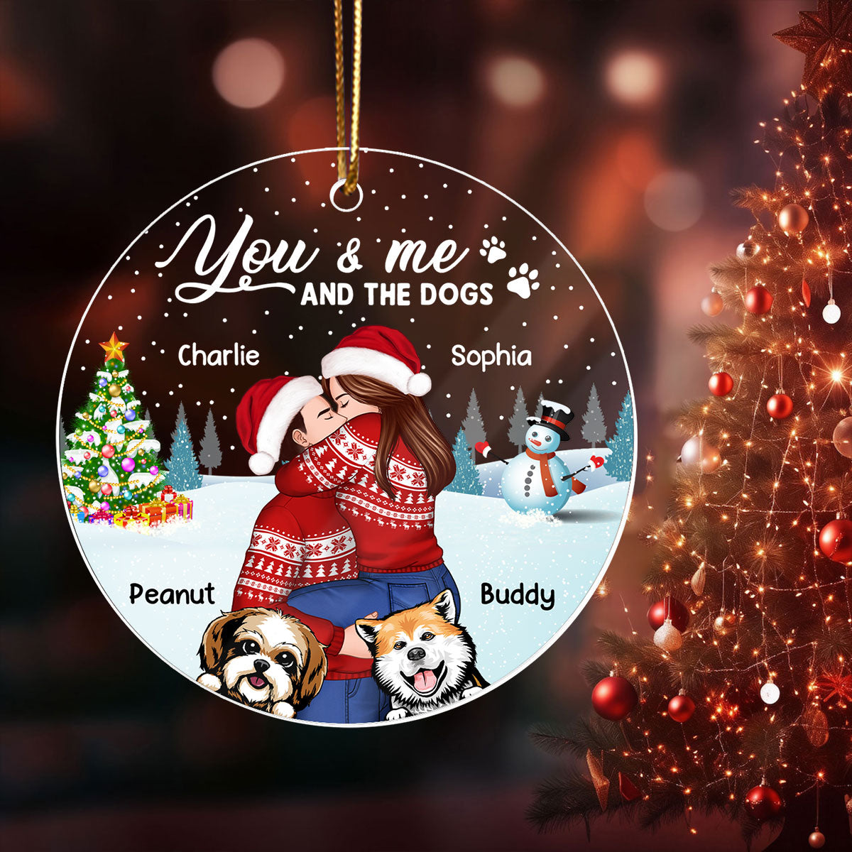 Couple And The Dogs In Winter Night Personalized Acrylic Ornament, Christmas Gift For Him, For Her, Gift For Pet Lovers