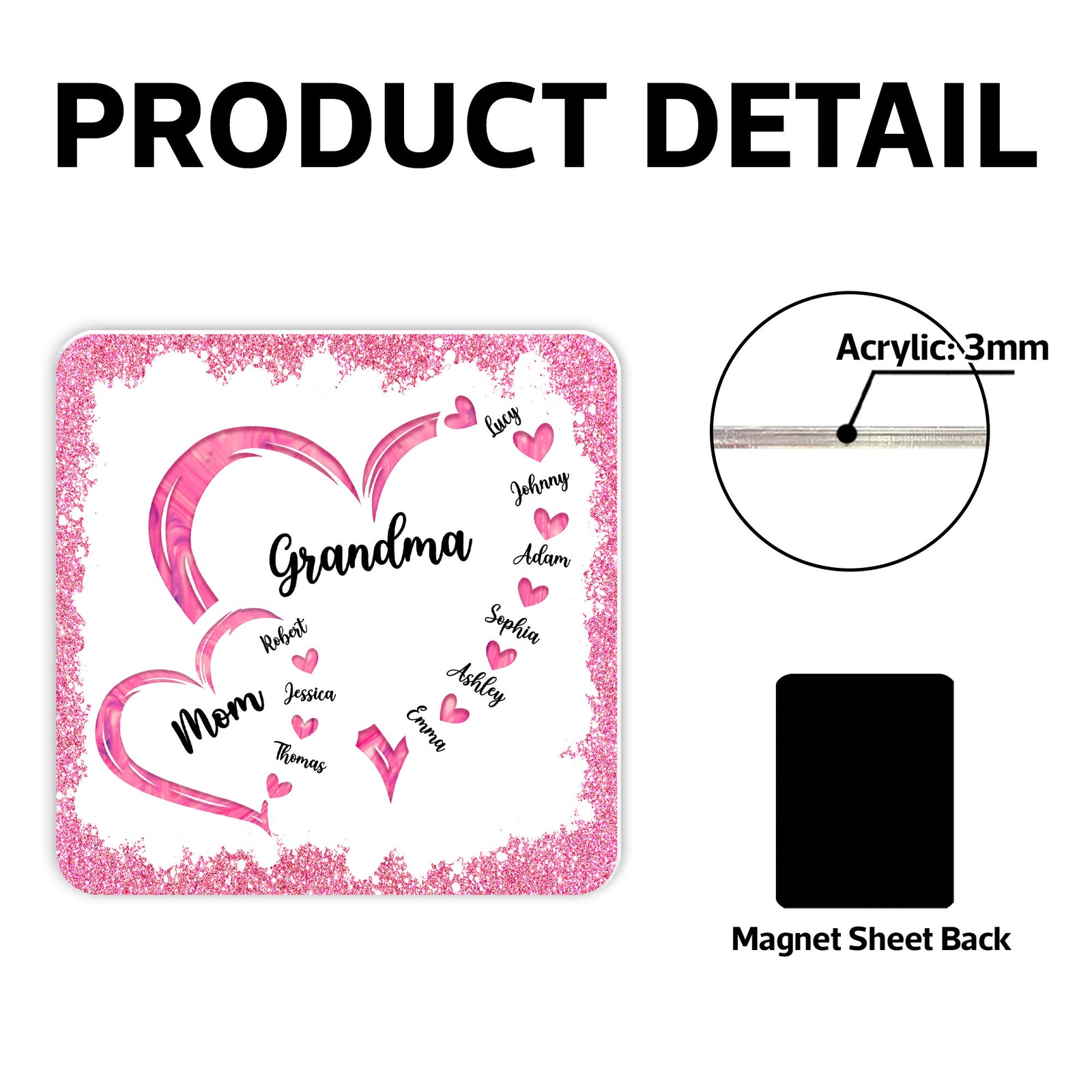 Mom Grandma Hearts In Heart Glitter Effect Personalized Acrylic Fridge Magnet