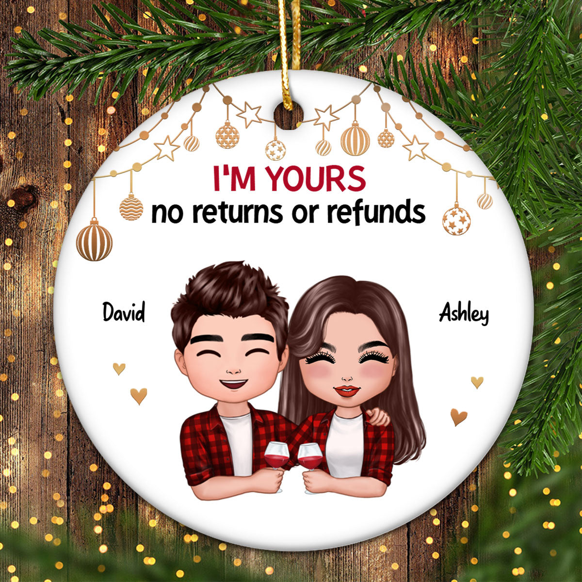 Doll Couple Hugging Holding Drinks Christmas Personalized Circle Ornament