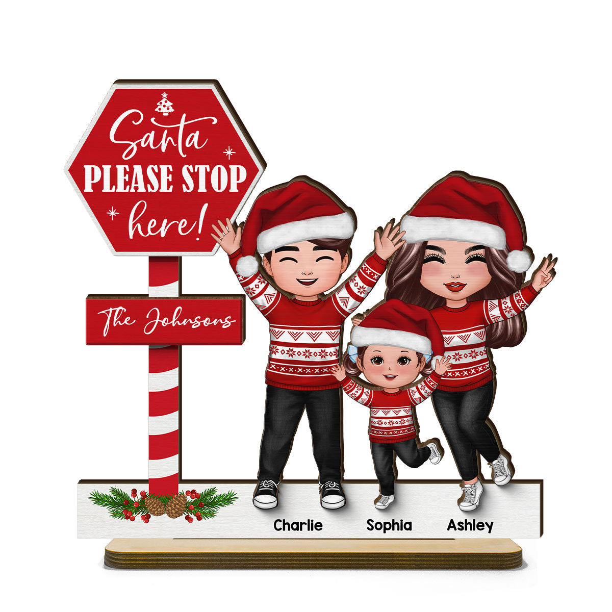 Santa Please Stop Here Family Christmas Decor Personalized 2-Layer Standing Wooden Plaque