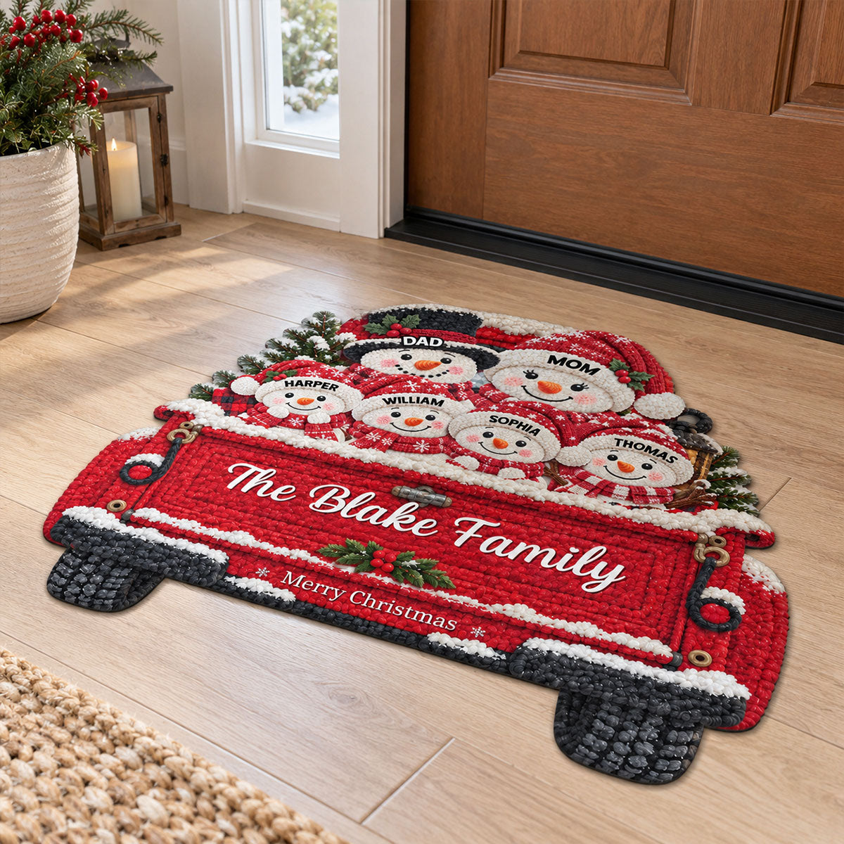 Christmas Cute Snowman Family On Truck 2D Flat Printed - Personalized Doormat - Christmas Decor For Family, Grandparents