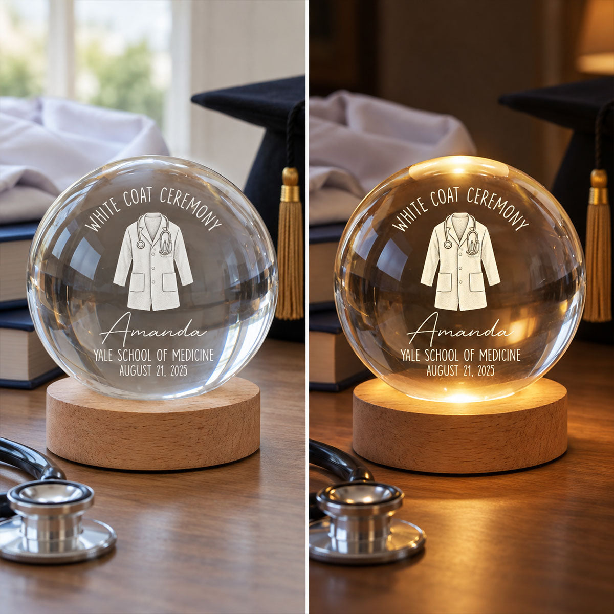 White Coat Ceremony - Personalized Crystal Ball – Custom Name Medical School Graduation, Gift for Doctor, Med Student & Future Physician
