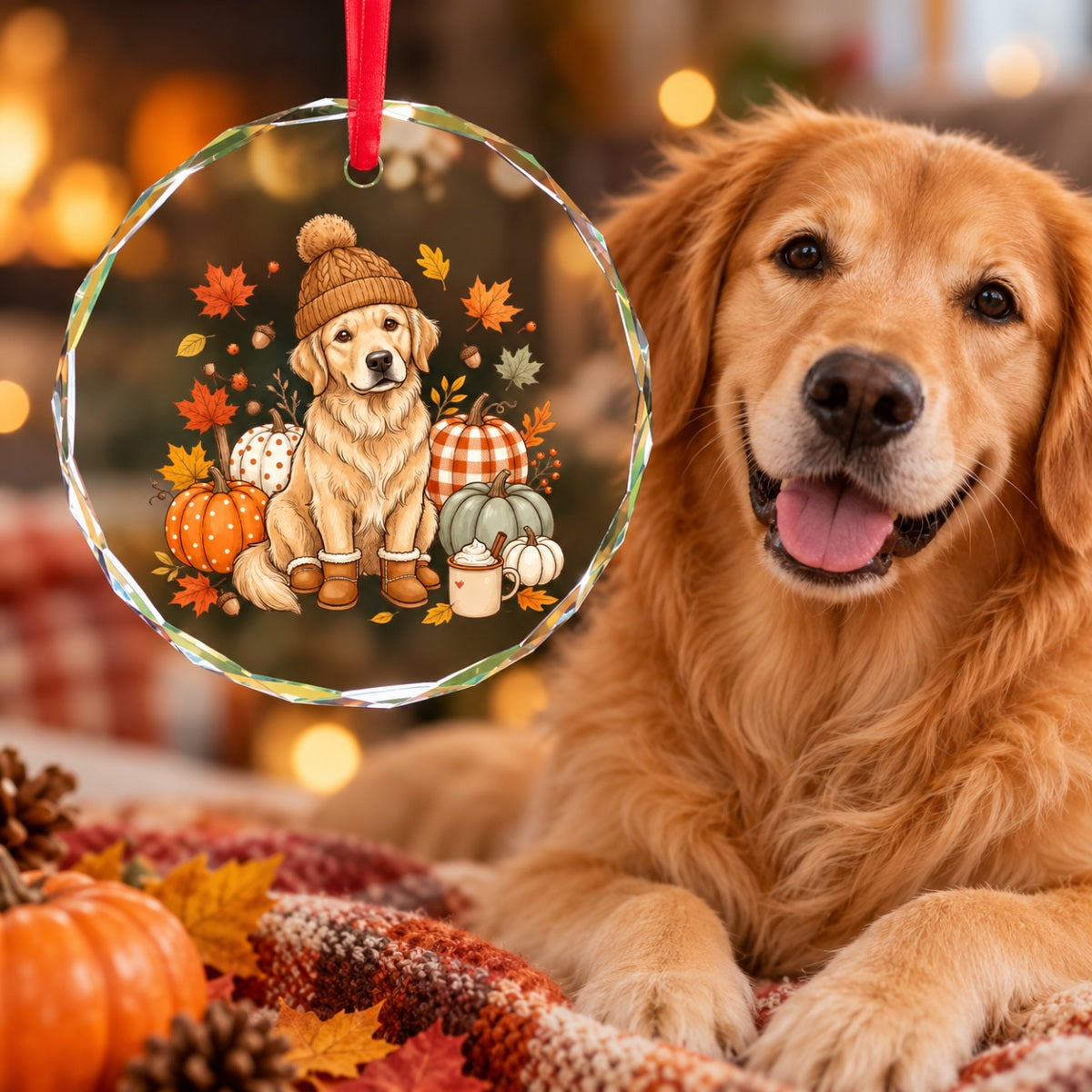 Custom Dog Photo Pumpkin Patch - Personalized Glass Ornament - Fall Gift for Dog Moms, Cat Moms, Pet Lovers