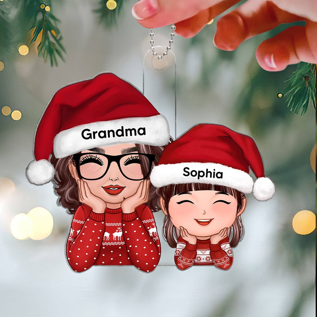 Happy Doll Grandma Granddaughter Grandson Chin On Hands Personalized Acrylic Ornament