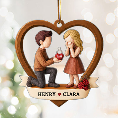 Couple Marriage Proposal 3D Wooden Effect - Personalized Acrylic Ornament - Newly Engaged Gift, "She Said Yes!" Christmas Ornament