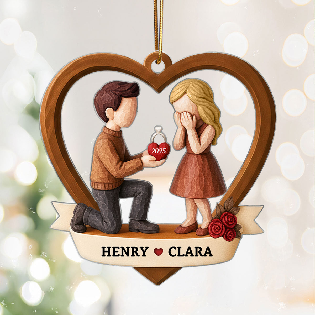 Couple Marriage Proposal 3D Wooden Effect - Personalized Acrylic Ornament - Newly Engaged Gift, "She Said Yes!" Christmas Ornament