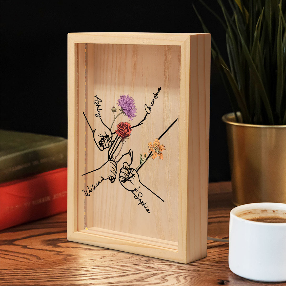 Kids Holding Grandma Mom Hand Birth Month Flowers Personalized Frame Light Box