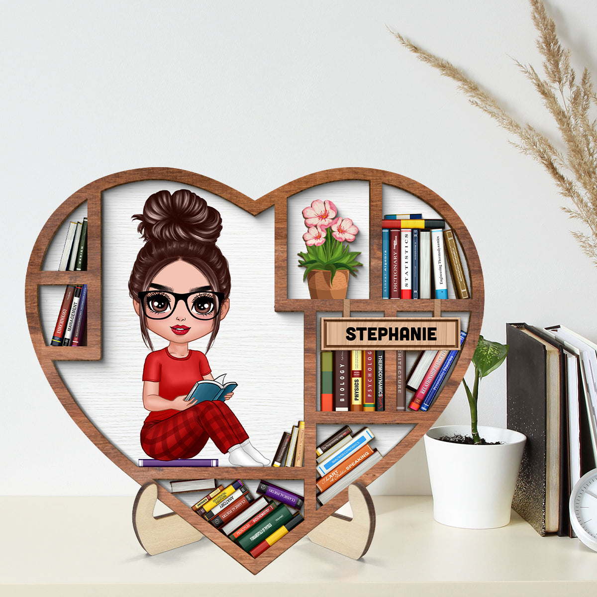 Reading Book Girl Bookshelf Heart Personalized 2-layer Wooden Plaque