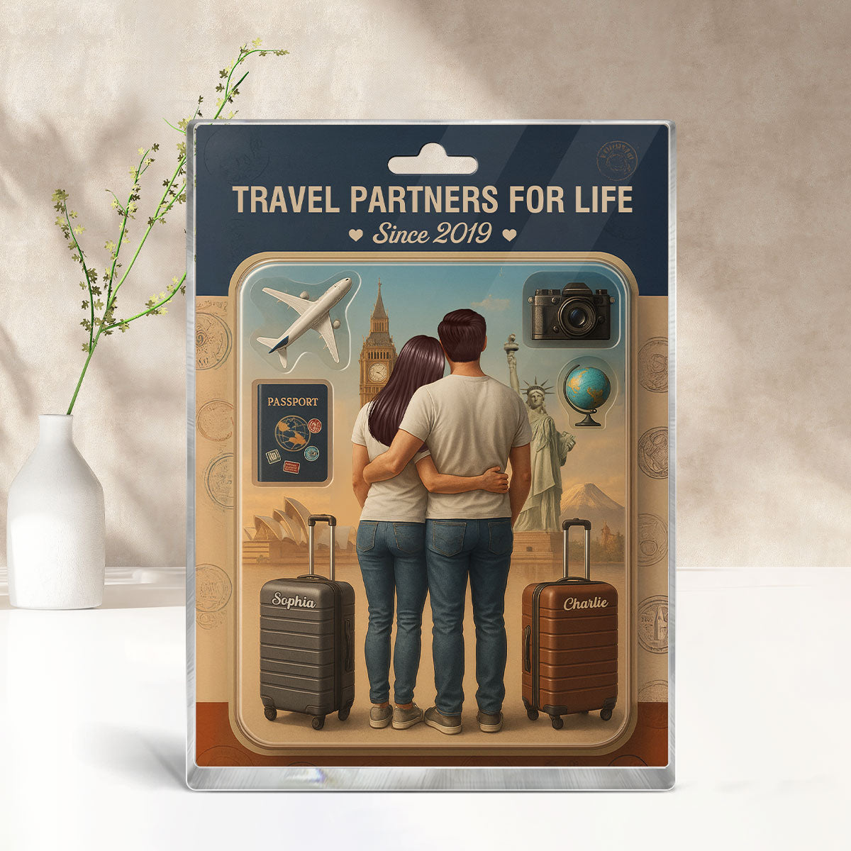 3D Effect Custom Figure Couple Traveling Partners For Life Personalized Rectangle Acrylic Block
