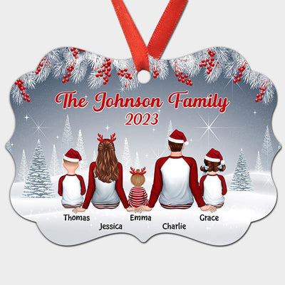 Pajamas Family Sitting In Winter Background Spruce Branch Personalized Christmas Ornament