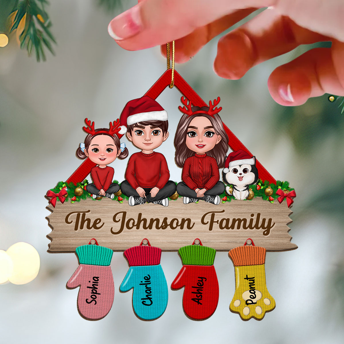 Happy Family Sitting Christmas Glove Personalized Wooden Ornament