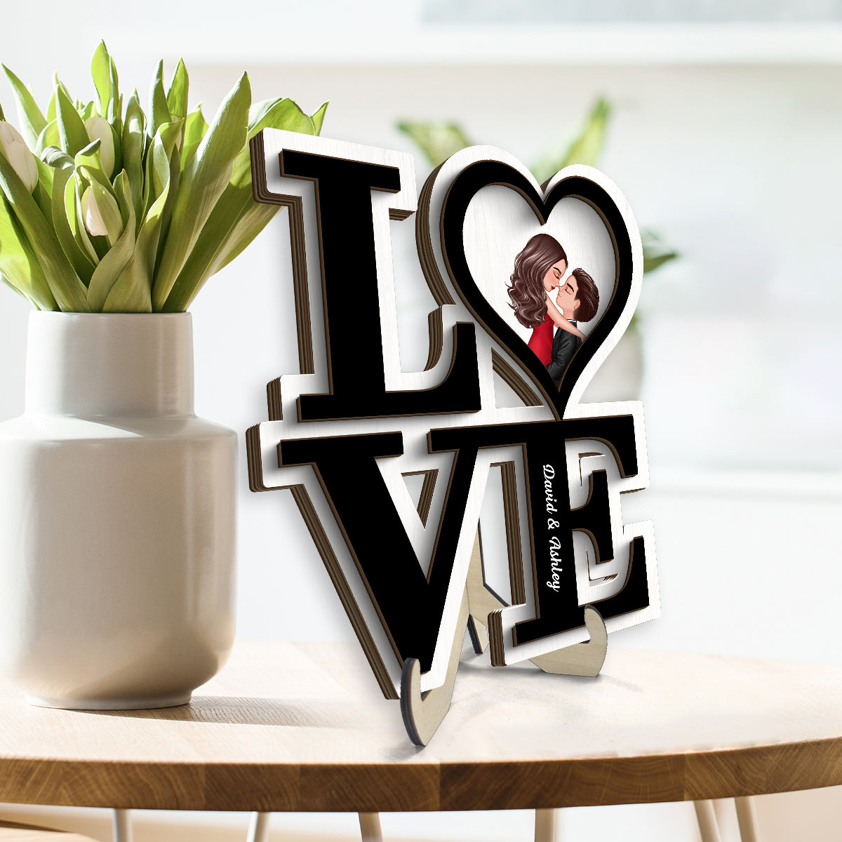 LOVE Stacked Couple Hugging Kissing  Gift For Him Gift For Her Personalized 2-layer Wooden Plaque