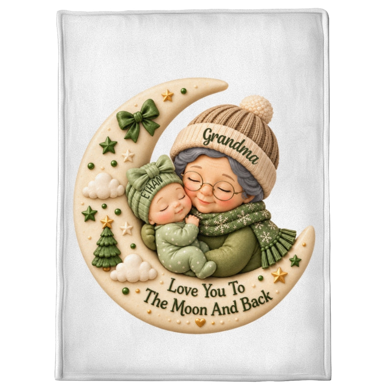 First Christmas as Grandma Love to the Moon and Back - Personalized Fleece Blanket - Christmas Gift for Grandma