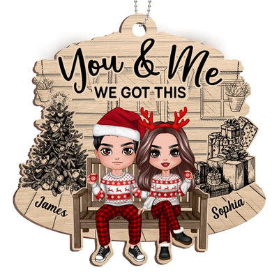 Christmas Couple Sitting Front Porch Sketch Personalized Wooden Ornament