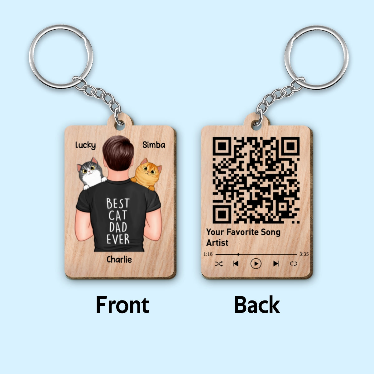 Man Carrying Cats On Shoulder Favorite Song Scannable QR Code Gift For Cat Dad Personalized Wooden Keychain