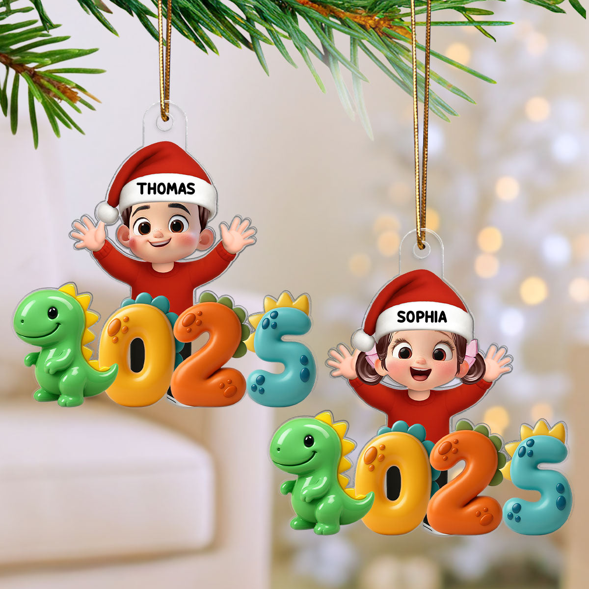 3D Effect Happy Kid With Dinosaur Numbers - Personalized Acrylic Ornament - Christmas Gift For Kids, Grandkids, Granddaughter, Grandson