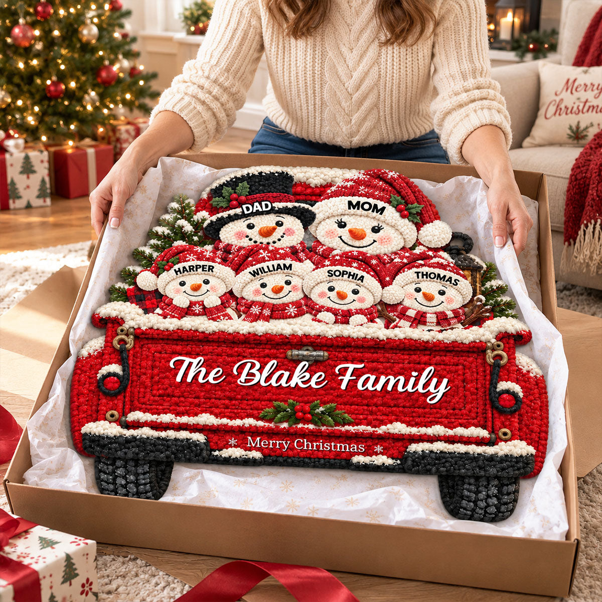 Christmas Cute Snowman Family On Truck 2D Flat Printed - Personalized Doormat - Christmas Decor For Family, Grandparents