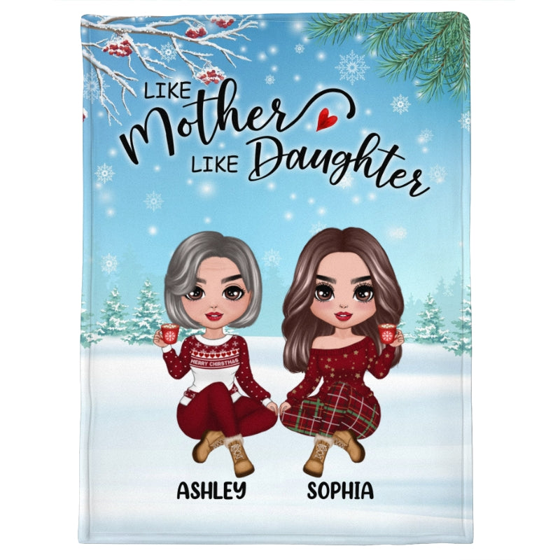 Doll Like Mother Like Daughter Sitting In Snow Christmas Personalized Fleece Blanket