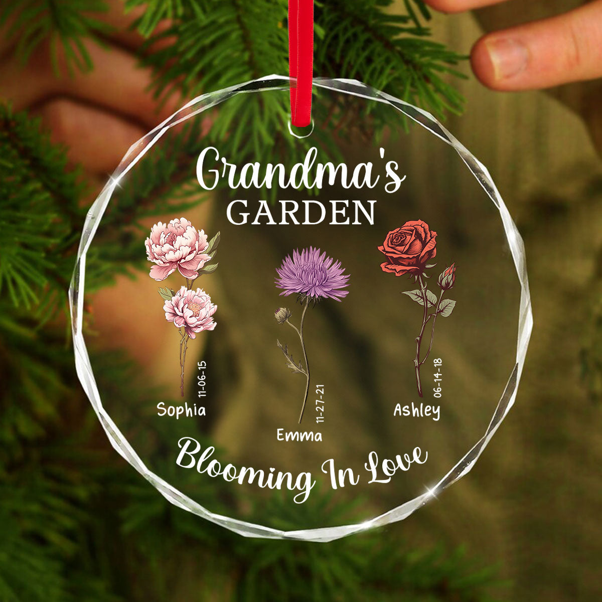 Grandma's Garden Blooming In Love Personalized Glass Ornament, Christmas Gift For Grandma Granddaughter Grandson