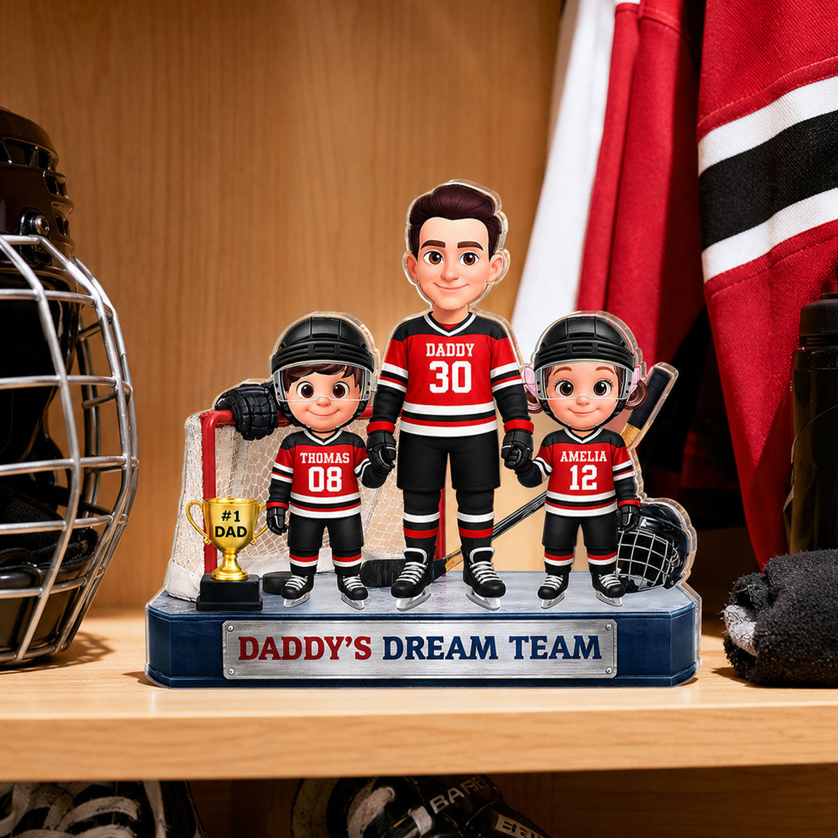 Daddy's Dream Team Hockey Dad & Kids - Personalized Acrylic Block Plaque - Father's Day Gift For Dad, Husband