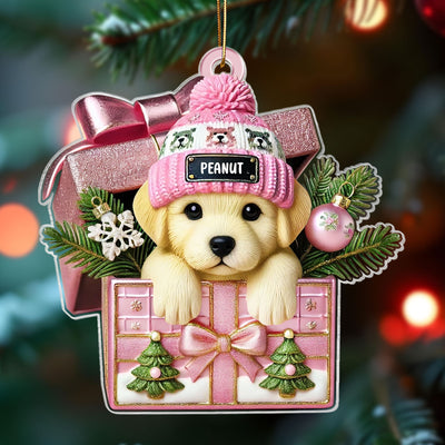 Cute Labrador Dog Inside Gift Box Personalized 2D Flat Acrylic Ornament, Christmas Gift for Dog Lovers