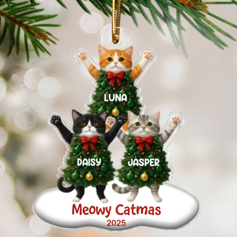 Whimsical Cat Christmas Tree - Personalized Acrylic Ornament - Gift For Cat Lover