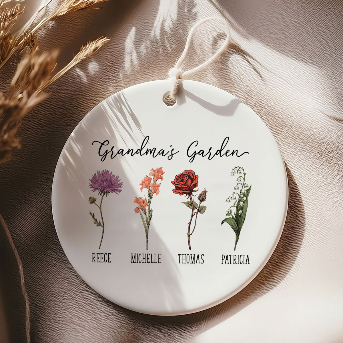 Grandma's Garden Birth Month Flower Family Personalized Ceramic Ornament, Birthday Christmas Gift For Grandma, Mom, Mother-in-law