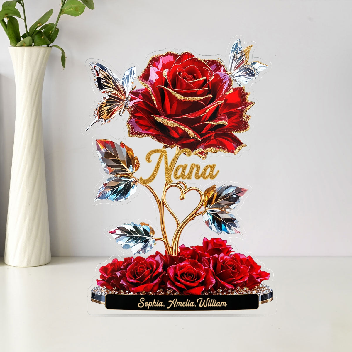 Beautiful Rose For Grandma Mom With Kids Names 3D Effect Personalized Flat Acrylic Block Plaque
