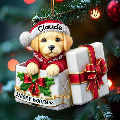 Cute Labrador Dog Inside Red Gift Box Personalized 2D Flat Acrylic Ornament, Christmas Gift for Dog Lovers