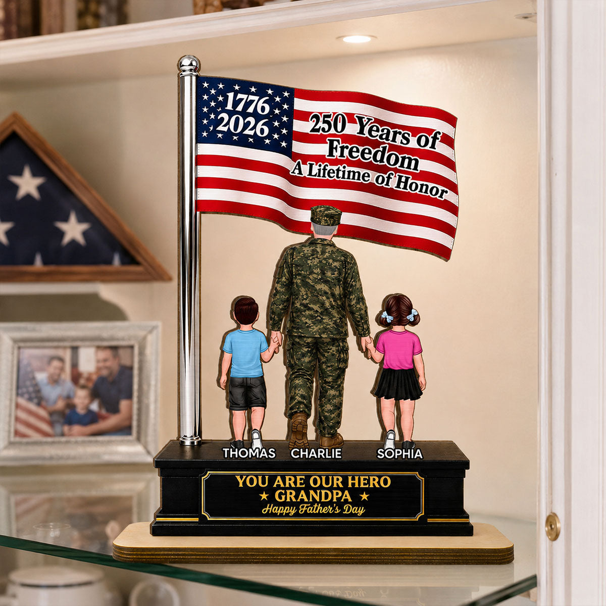 Proud American Army Military Veteran Grandpa Dad America 250th Anniversary - Personalized 2-Layered Wooden Plaque - Father's Day Gift For Dad, Grandpa Husband