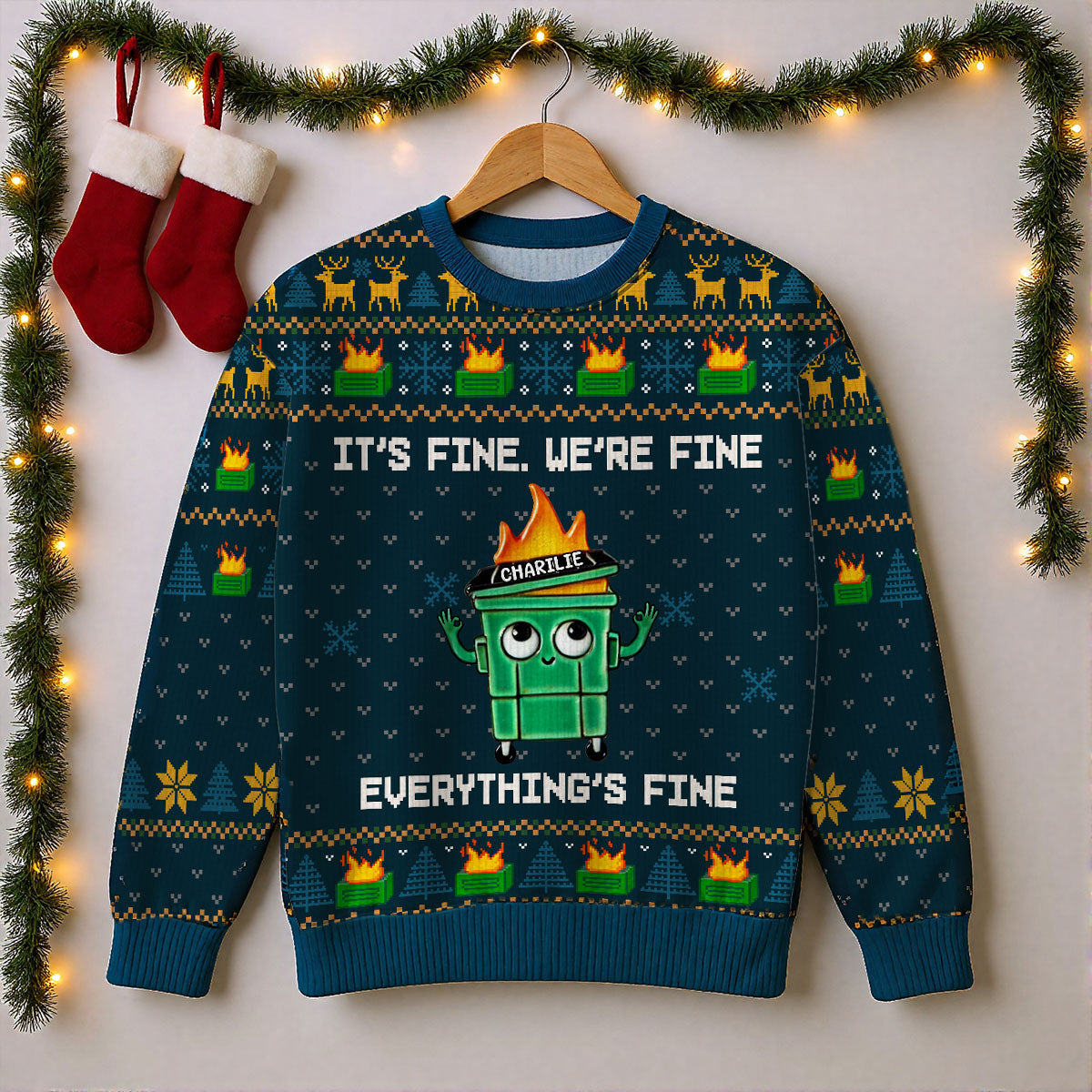 I'm Fine Everything Is Fine Dumpster Fire Funny Office Staff - Personalized Faux Knitting Ugly Sweater - Christmas Costume