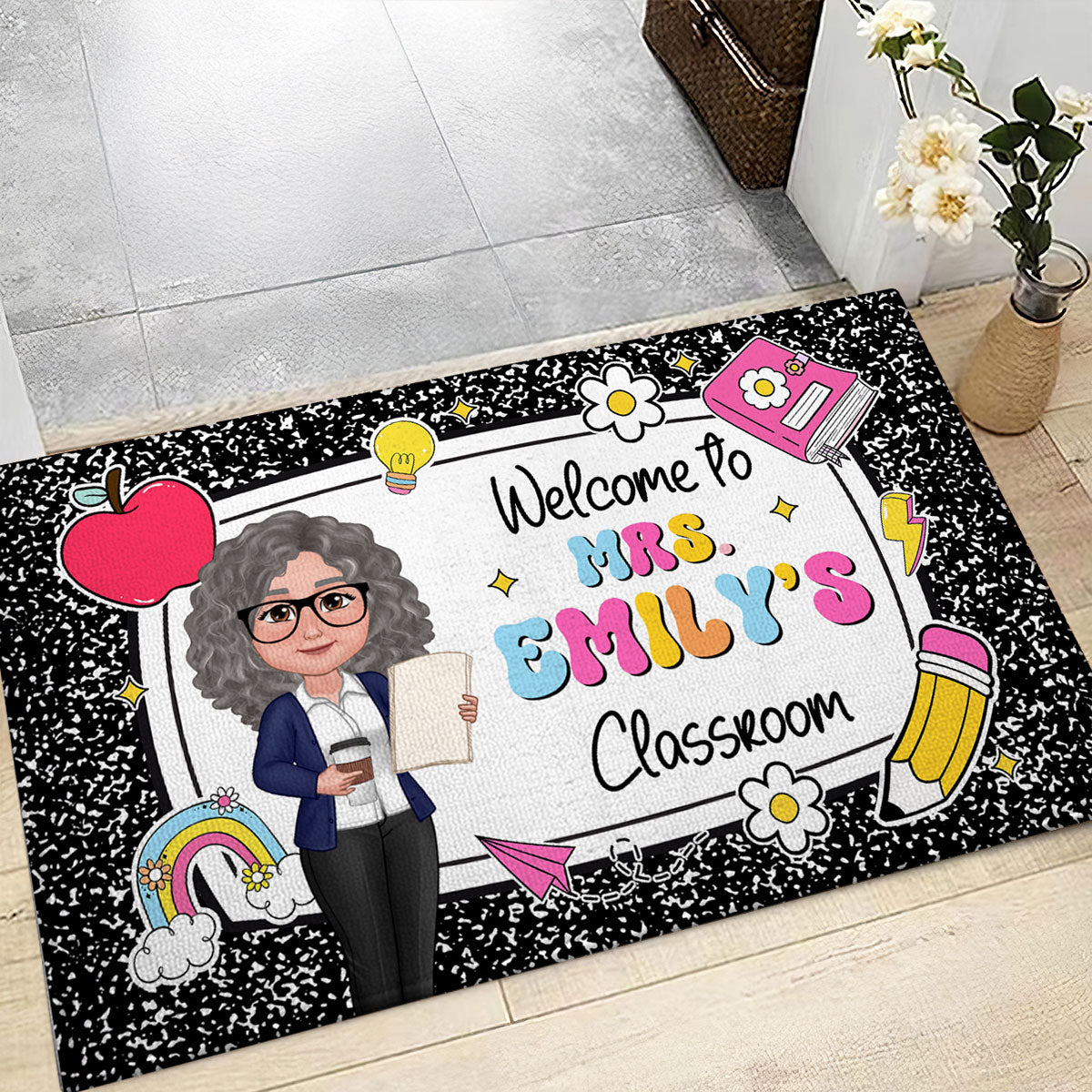Teacher Composition Book Pattern - Personalized Doormat - Back To School Gift, Classroom Decoration
