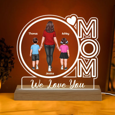 Mom We Love You Back View Walking Mom & Kids Personalized Custom Shape Acrylic Plaque With Warm LED Night Light